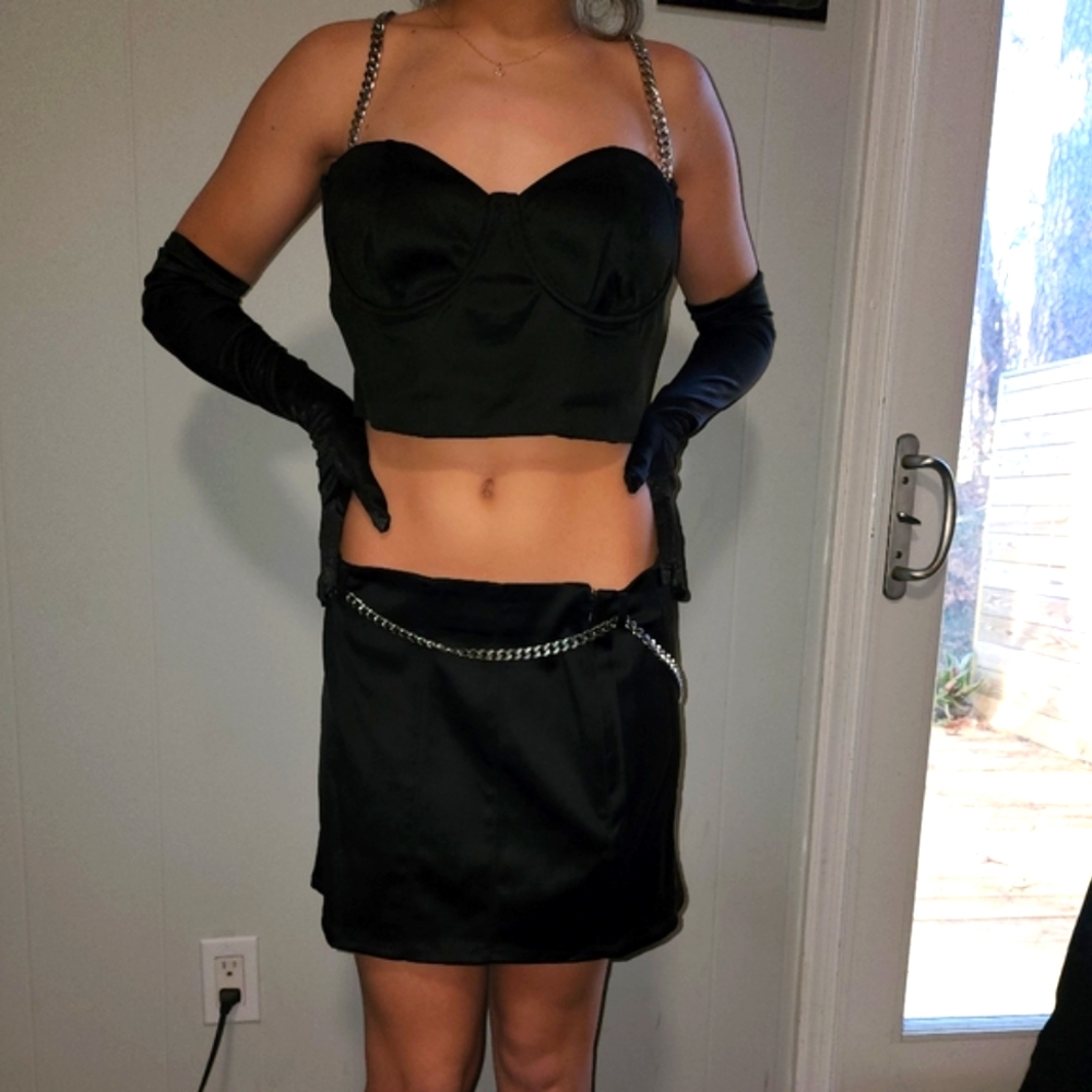 NWT Dolls Kill Sexy , Midnight Black Satin Skirt Set - Picture 2 of 12